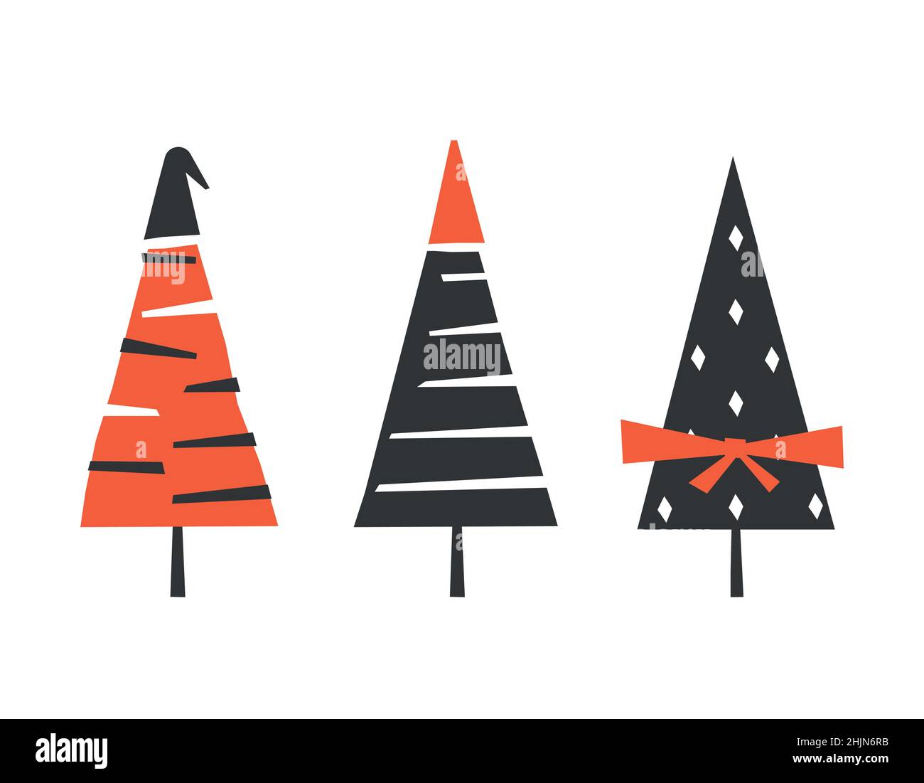 Vektor-isolierte Illustration für Xmas Design. Symbol des chinesischen Neujahrs 2022 - Jahr des Tigers. Weihnachtsbaum werden von Weihnachtsmann Hüte geschmückt, b Stock Vektor