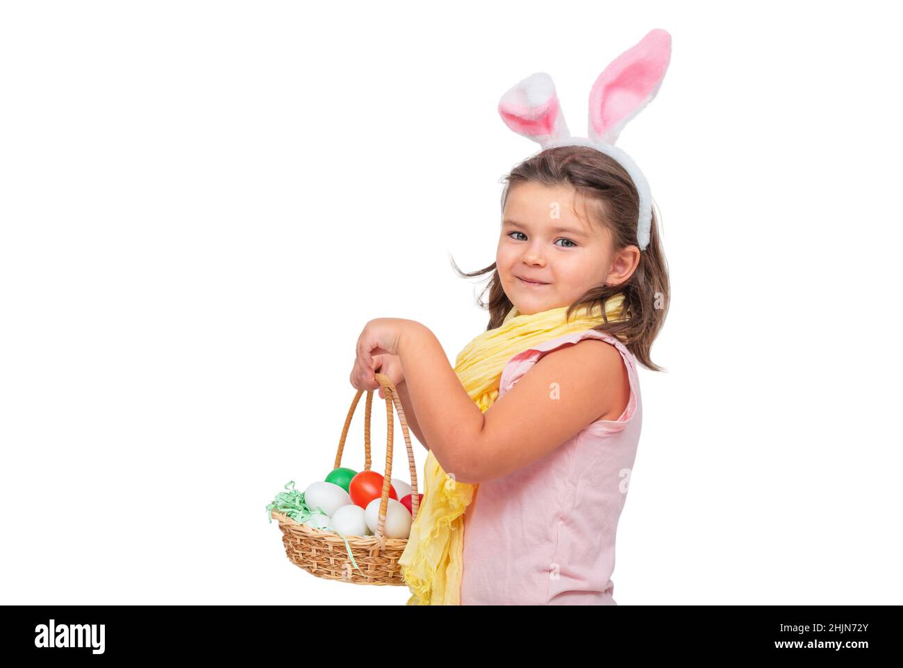 Kind mit ostereiern isoliert auf weißem Hintergrund Stockfoto