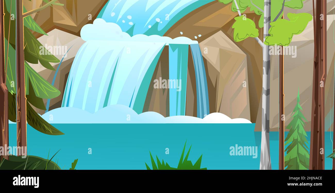 Landschaft mit Wasserfall zwischen Felsen. Kaskade schimmert nach unten. Fließendes Wasser. Schöner Cartoon-Stil. Flaches Design. Vektor. Stock Vektor