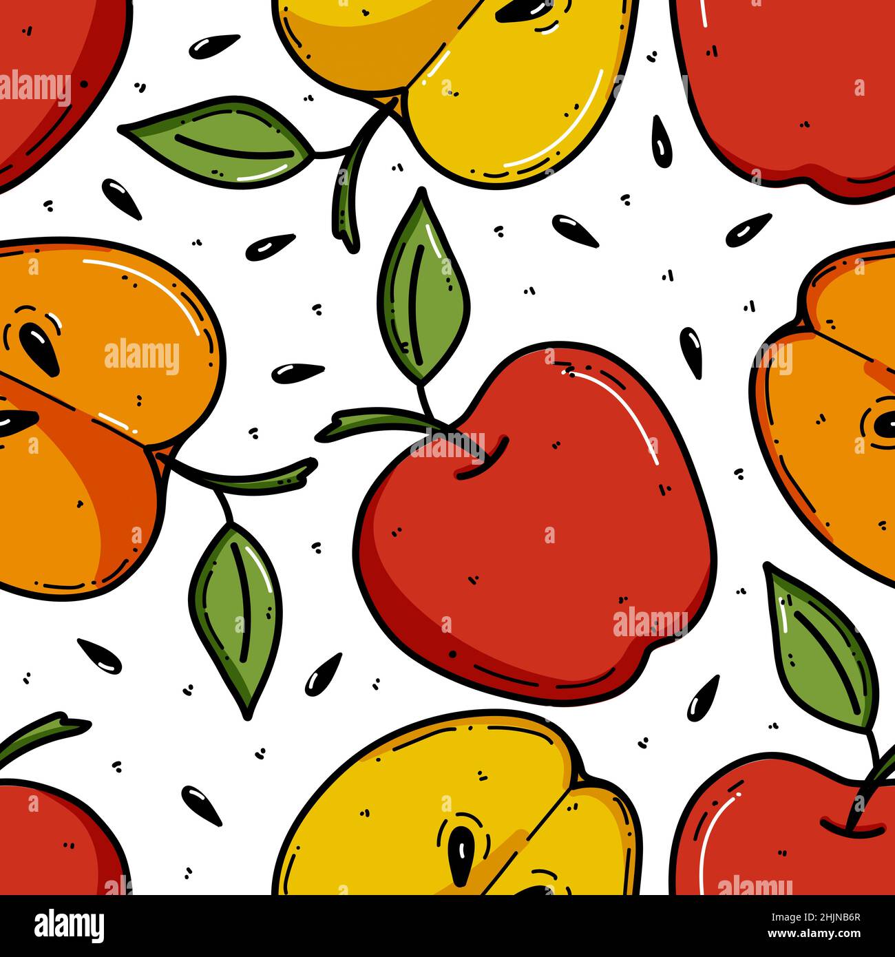 Apple-Hintergrund, nahtlose Muster Vektor-Illustration. Gut für Textilien, Verpackungen, Tapeten usw. Süße rote und gelbe Äpfel isoliert auf weißem Hintergrund. Stock Vektor