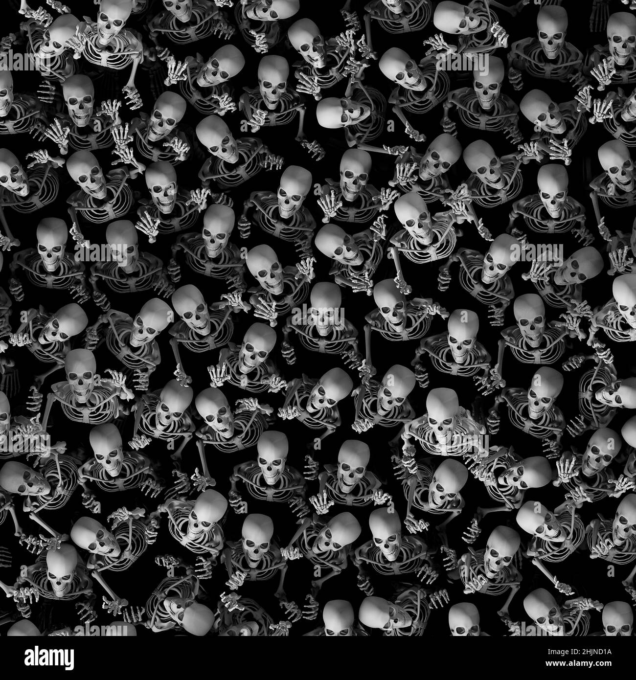 Skelett Halloween Horror Hintergrund - 3D Abbildung von toten Zombie Horde von oben Stockfoto