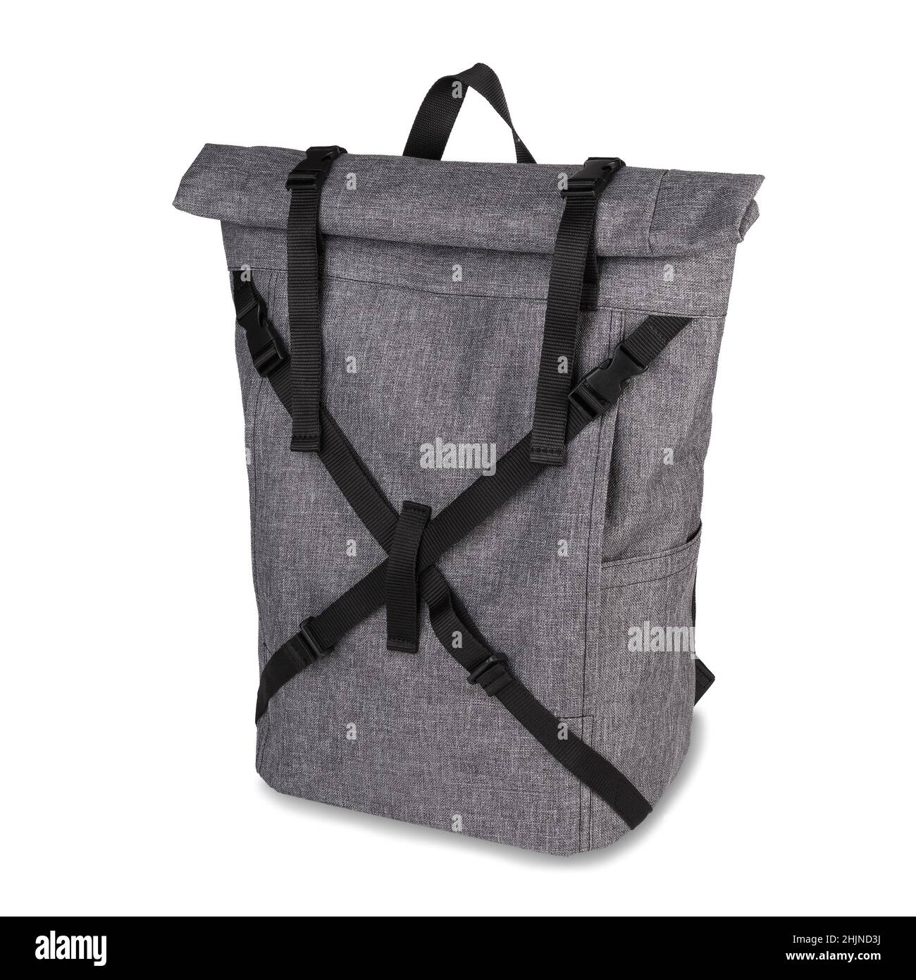 Strapazierfähiger grauer Rucksack für den Alltag, isoliert auf weißem Hintergrund Stockfoto