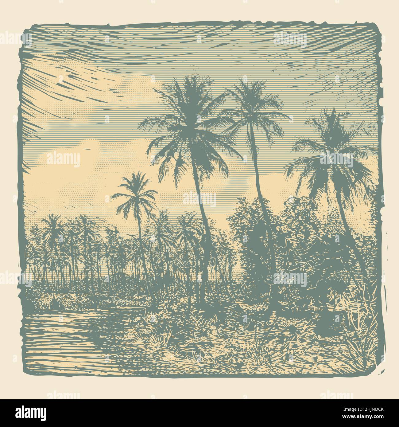 Tropische Landschaft mit Palmen und Wolken, Retro-Gravur-Stil. vektor-Illustration Stock Vektor