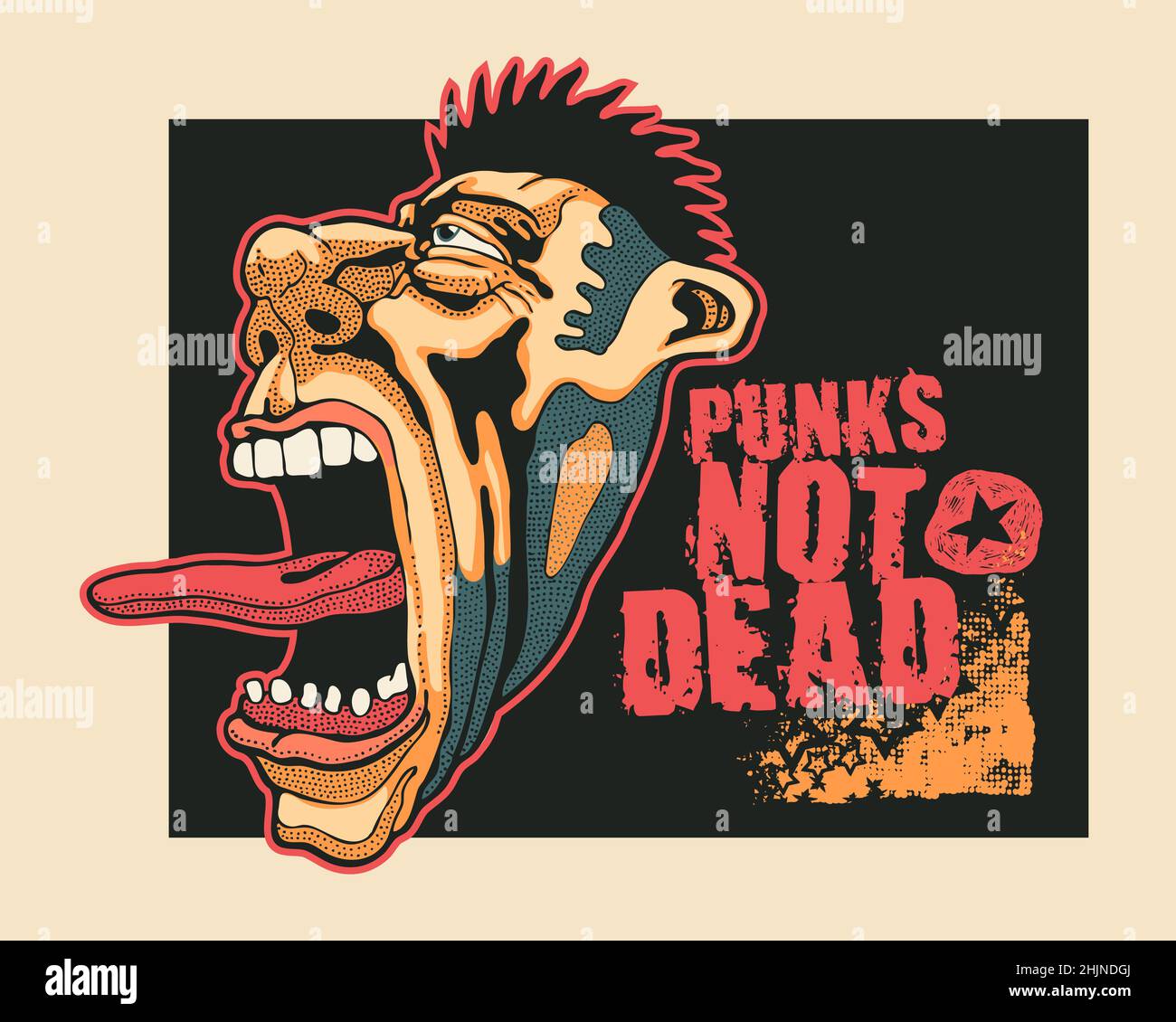 Entwerfen Sie Punk Not Dead für T-Shirt-Print oder Poster mit kreischenden Punk-Kopf, Grunge-Schriften und Texturen. vektor-Illustration. Stock Vektor