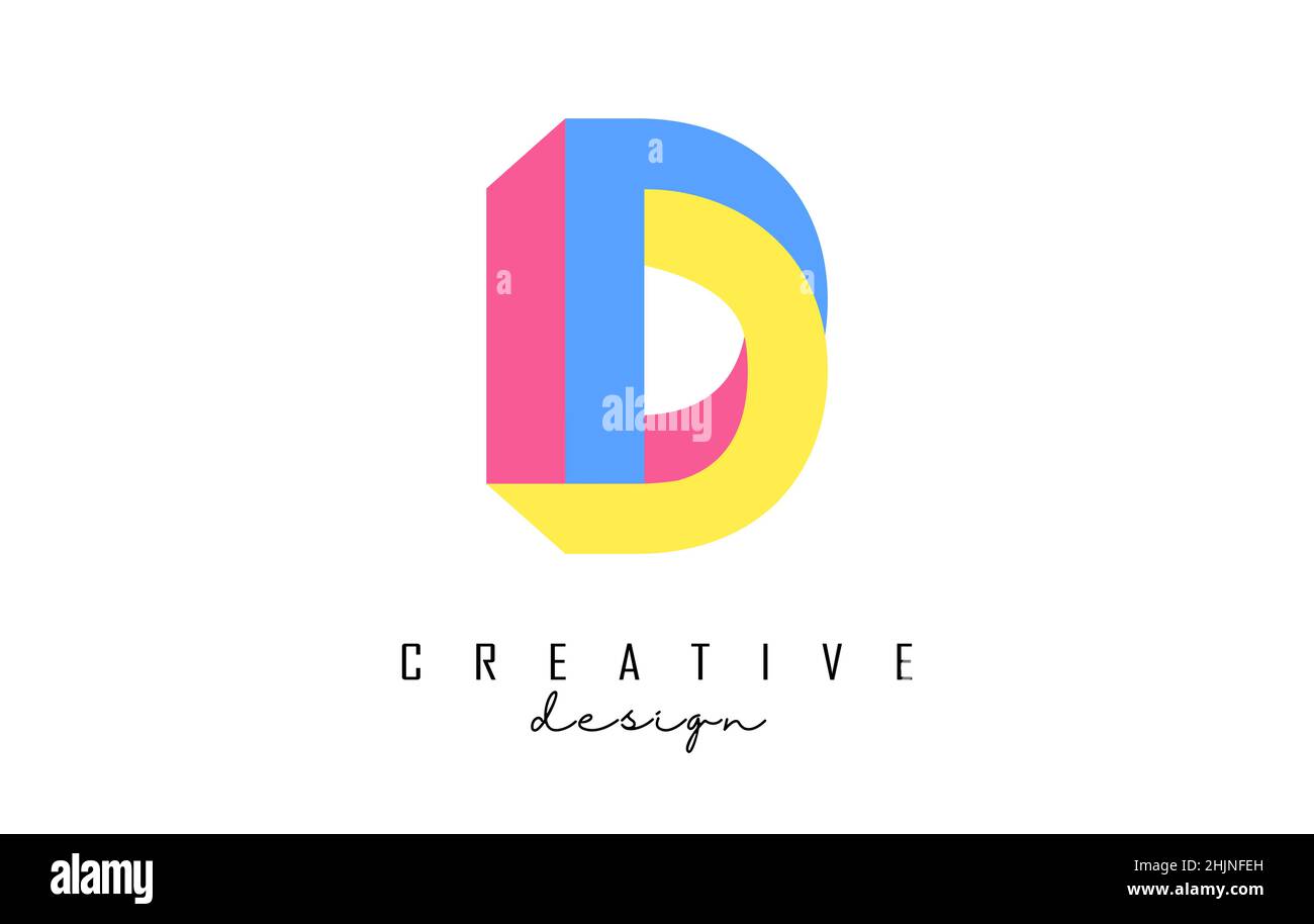 Buchstabe D Logo mit Pop Art und optischem Illusionssdesign. Geometrische Vektorgrafik mit drei Farben und verdrehtem Design. Stock Vektor