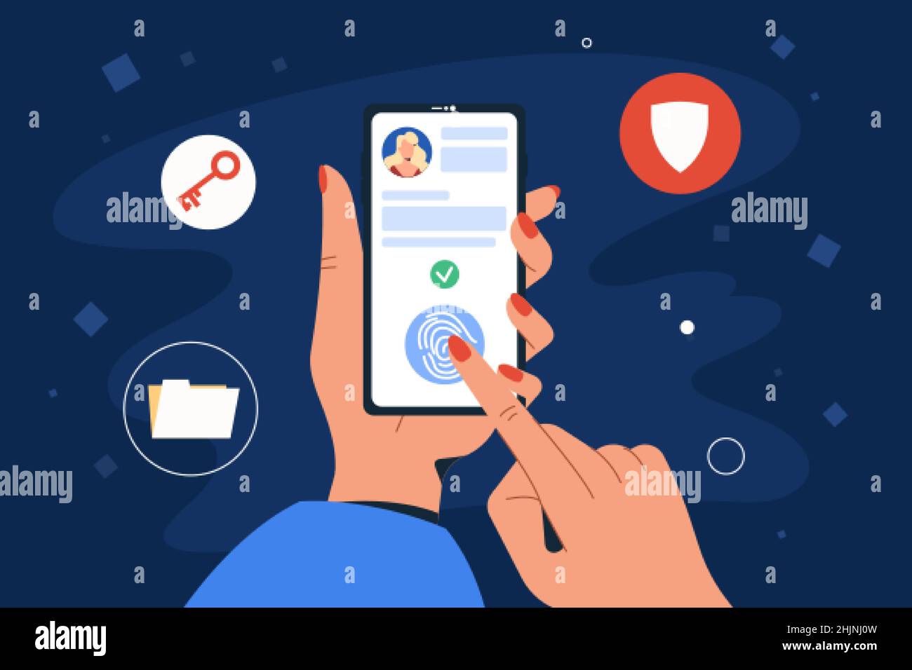 Mobile Zugriffskontrolle per Fingerabdruck zur Identifizierung. Der menschliche Zeigefinger berührt den Bildschirm des Smartphones zum Scannen. Online-Sicherheitskonzept. Schutz personenbezogener Daten mit biometrischer Technologie. Stock Vektor