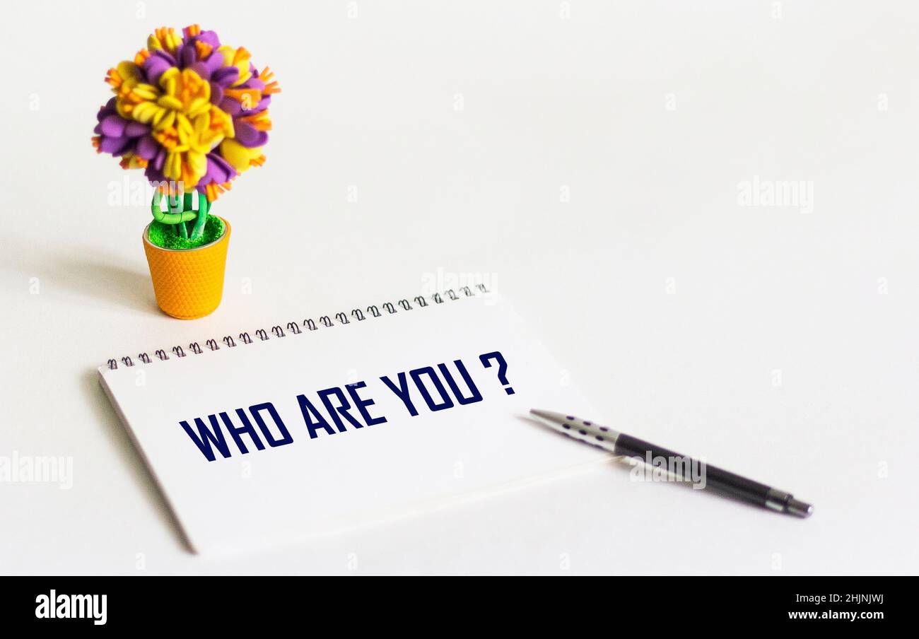 Wer bist du, die Frage steht auf einem Notizblock und einem weißen Hintergrund mit einem Stift Stockfoto Wer bist du, die Frage steht auf einem Notizblock und einem weißen Hintergrund mit einem Stift Stockfoto