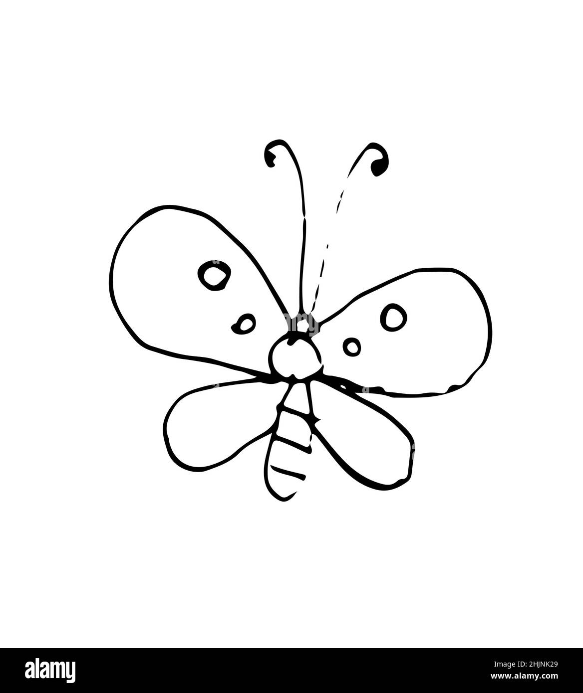 Skizze der Schmetterlingslinie. Witziges komisches Insekt. Die Handzeichnung ist auf einem weißen Hintergrund isoliert. Vektor Stock Vektor