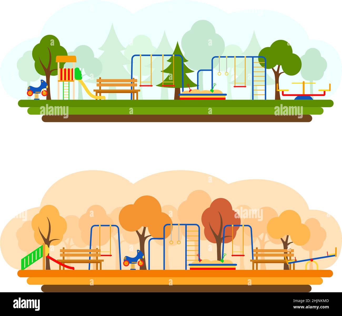 Kinderspielplatz mit Spielgeräten im Sommer und Herbst, Vektorgrafik. Flacher Style Stock Vektor