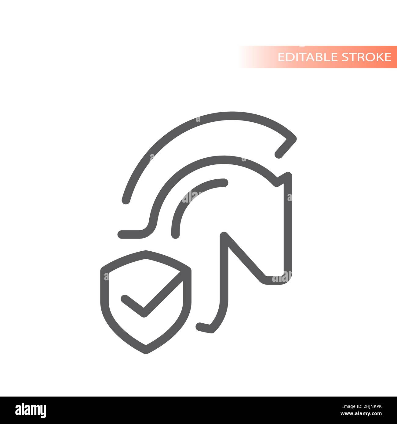 Symbol für den Vektor der virussicheren Linie des Computers. Trojanisches Pferd und Schild mit einem durch ein Zeichen umrissenen Symbol. Stock Vektor