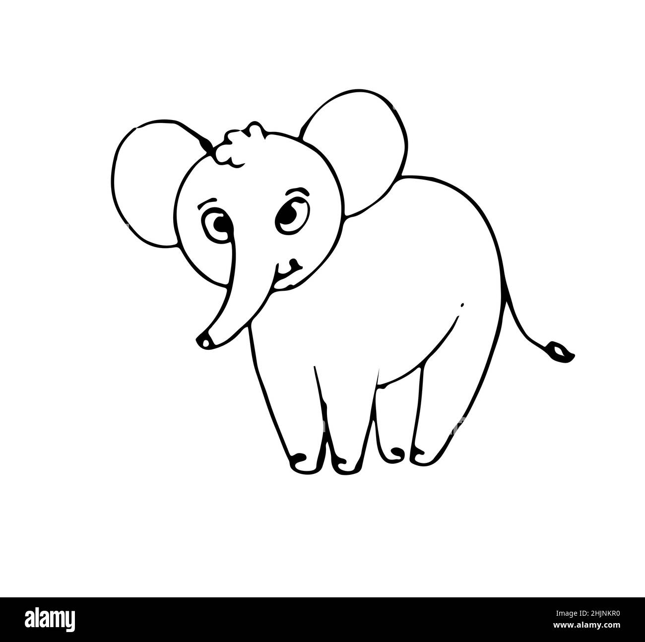 Fröhlicher Cartoon-Elefant. Lustige niedliche Tier. Skizze umreißen. Die Handzeichnung ist auf einem weißen Hintergrund isoliert. Vektor Stock Vektor