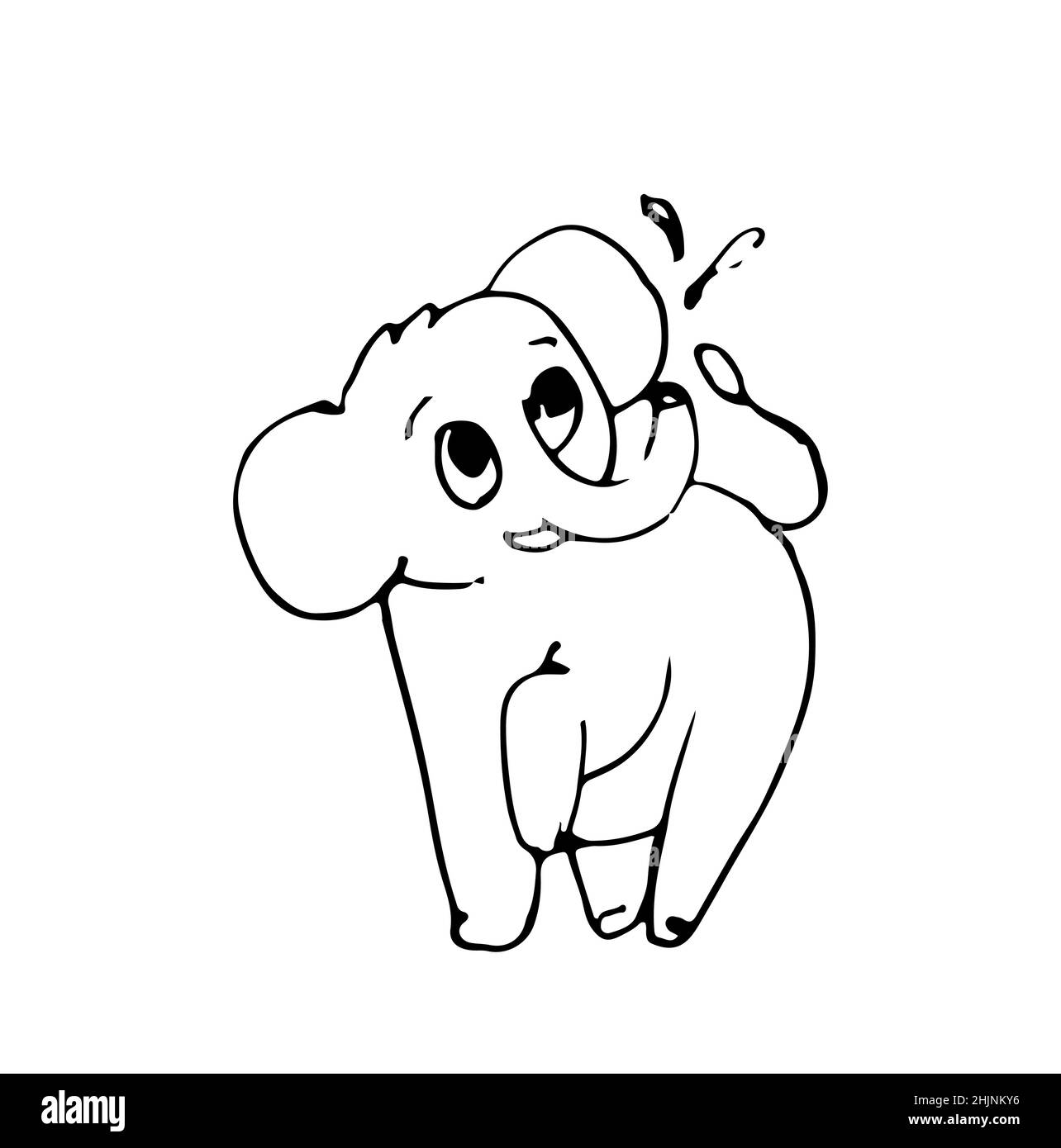 Fröhlicher Cartoon-Elefant. Lustige niedliche Tier. Skizze umreißen. Die Handzeichnung ist auf einem weißen Hintergrund isoliert. Vektor Stock Vektor