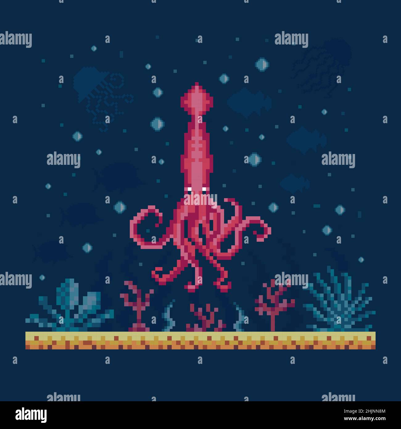 Pixel Art Squid auf Meeresboden Landschaft Stock Vektor