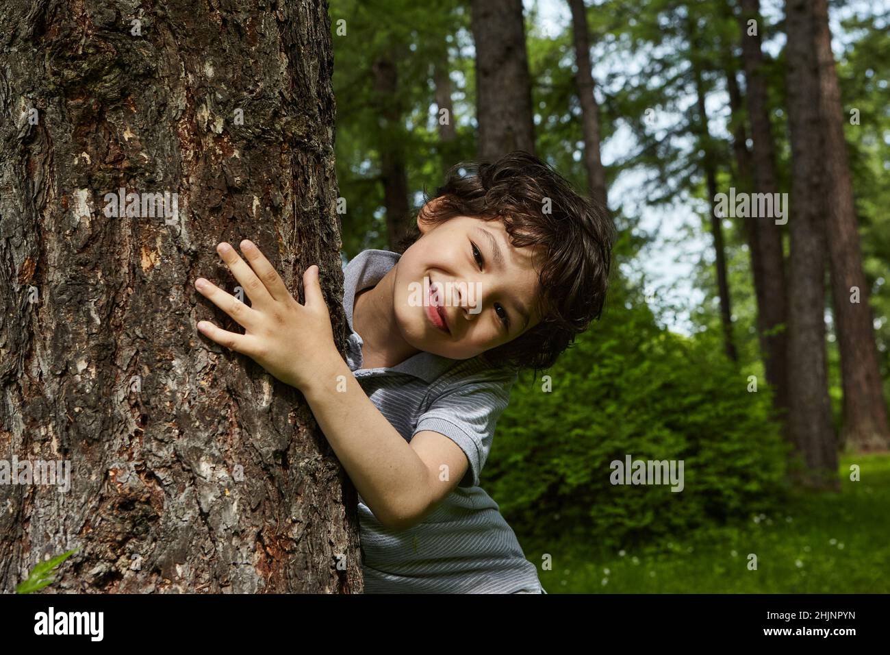 Lächelnder Junge umarmt Baum in einem Wald. . Nahaufnahme eines sorglosen Teenagers. Stockfoto