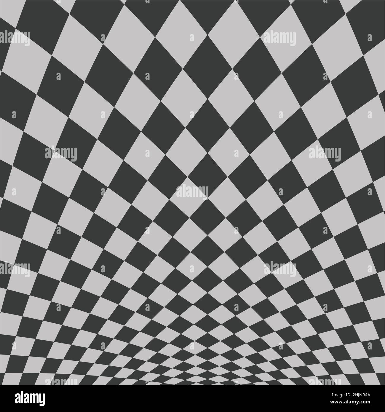 Ein Schachbrettmuster in Dunkelgrau und Hellgrau. Das Muster ist verzogen und scheint sich um den Boden zu biegen. Stock Vektor