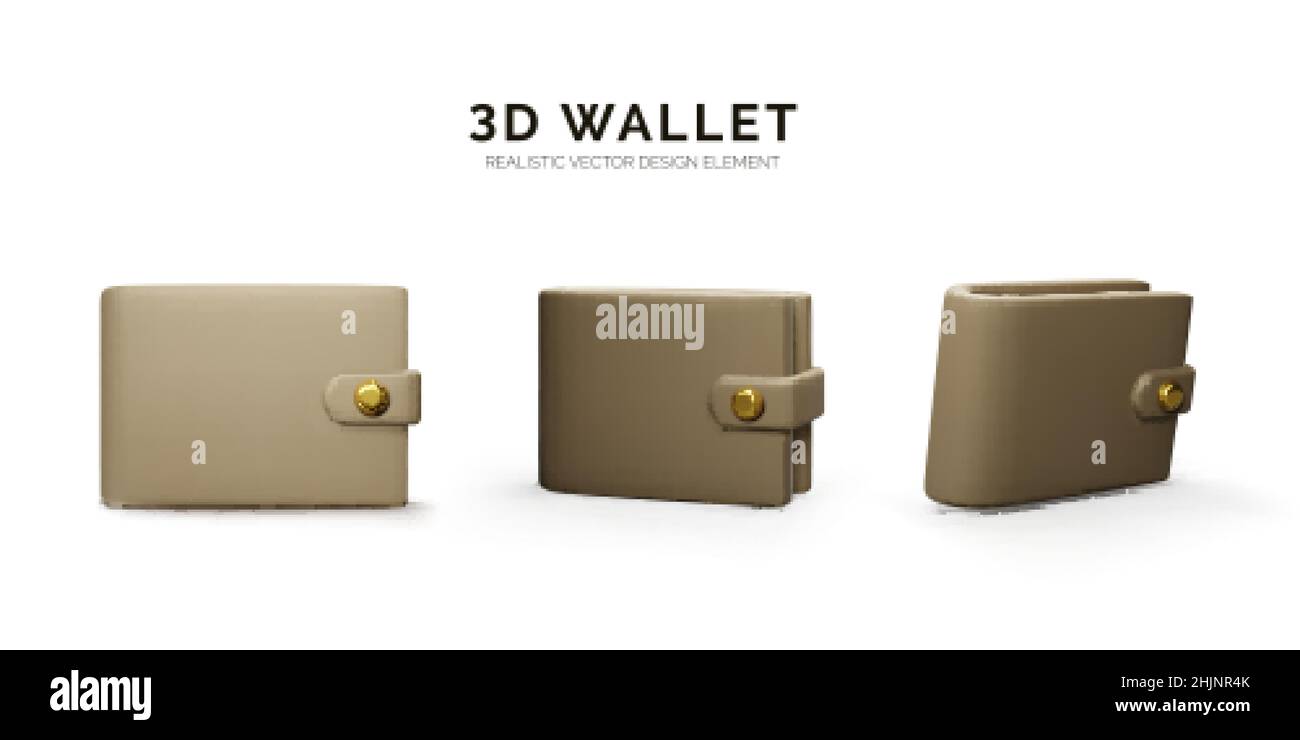 3D Brieftasche Kollektion im Cartoon realistischen Stil. Vektordarstellung auf weißem Hintergrund isoliert Stock Vektor