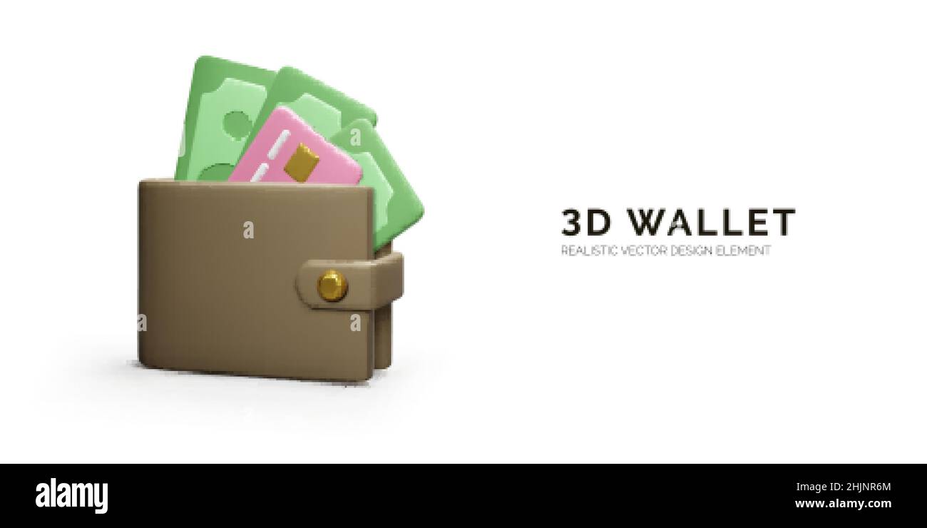 Geldbörse mit Papierwährung und Kreditkarte im realistischen Cartoon-Stil. 3D Geldbörse mit grünen Dollar. Vektorgrafik Stock Vektor
