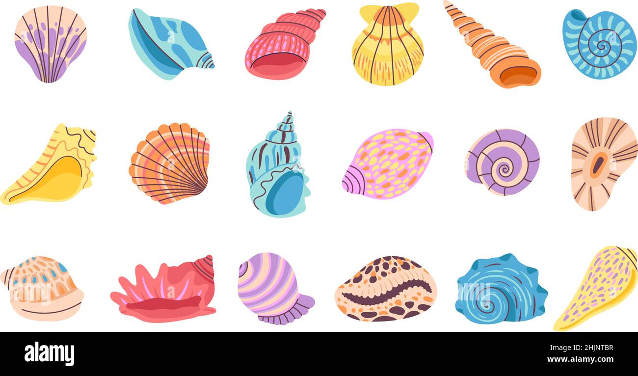 Seashell. Isolierte Muscheln, Auster und Muschel. Dekoration Strand Meer Ozean Elemente. Cartoon Sommer marine Objekte, saisonale anständige Vektor-Set Stock Vektor