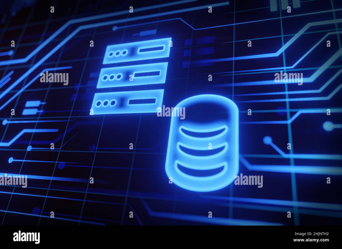 Rechenzentrum. Abstract Digital Warehouse. Serverraum mit Cloud-Computing-Technologie. Kommunikation der Serverfarm mit dem Internet. Netzwerkverbindungs-Backg Stockfoto