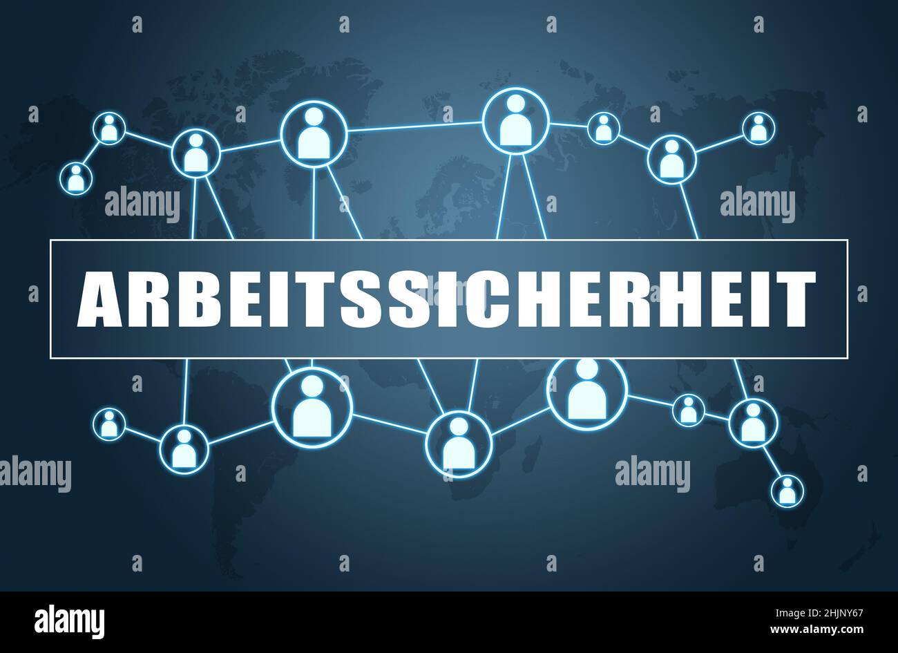 Arbeitssicherheit - wort für Arbeitssicherheit - Textkonzept auf blauem Hintergrund mit Weltkarte und sozialen Symbolen. Stockfoto