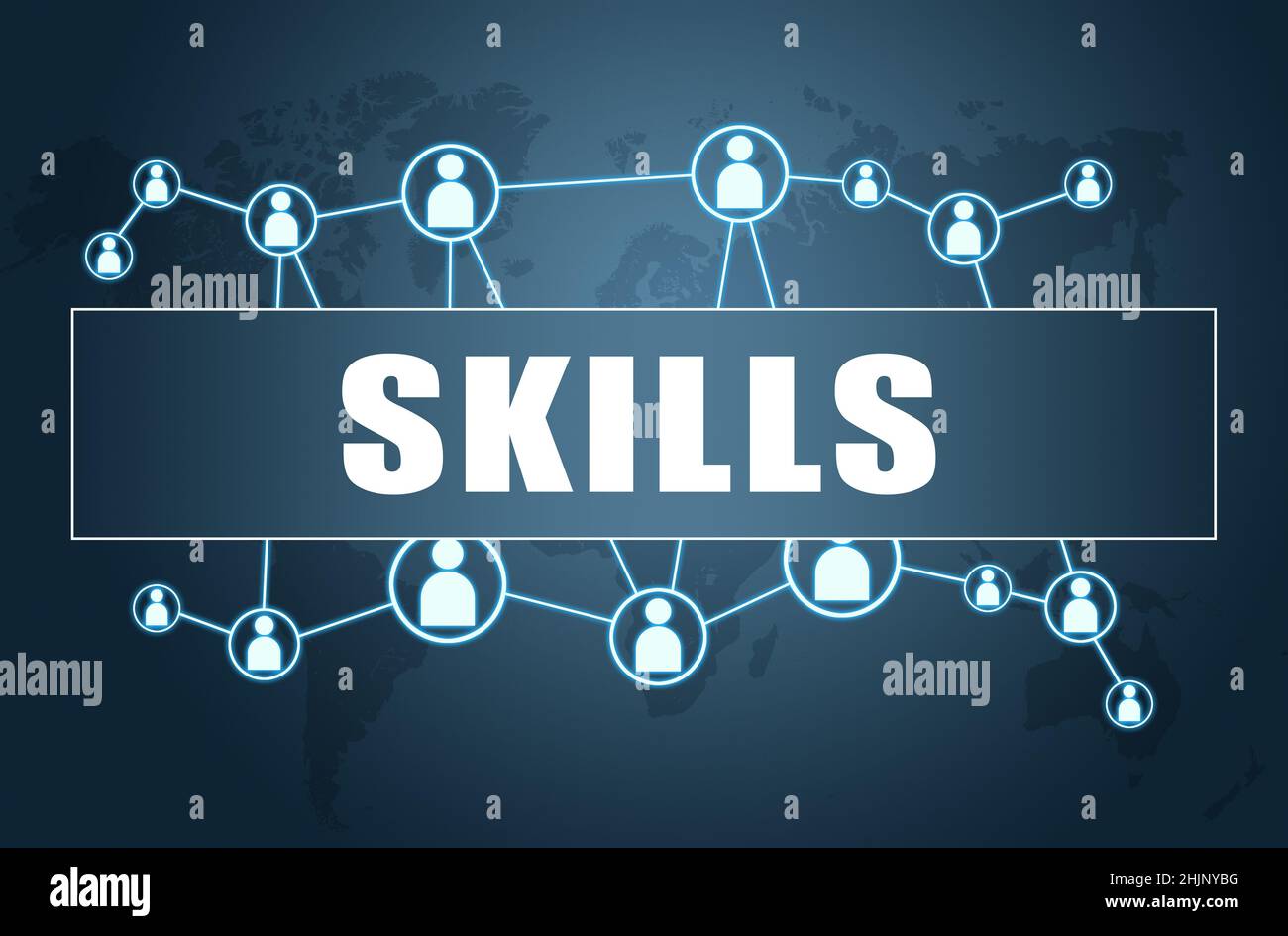 Skills - Textkonzept auf blauem Hintergrund mit Weltkarte und sozialen Symbolen. Stockfoto