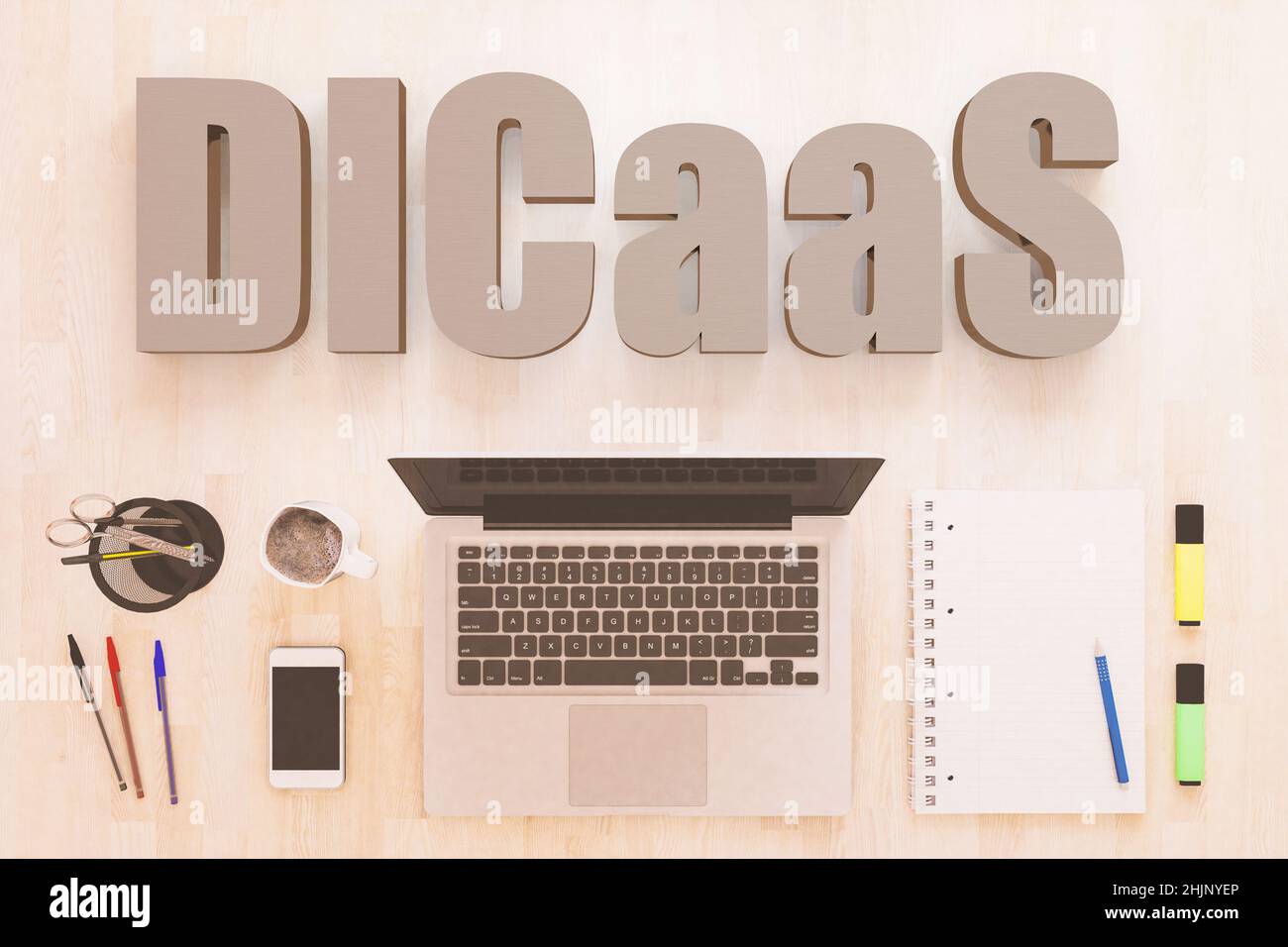 DICaaS - Data Intensive Computing as a Service - Textkonzept mit Notebook-Computer, Smartphone, Notebook und Stiften auf Holzdesktop. 3D Render illus Stockfoto