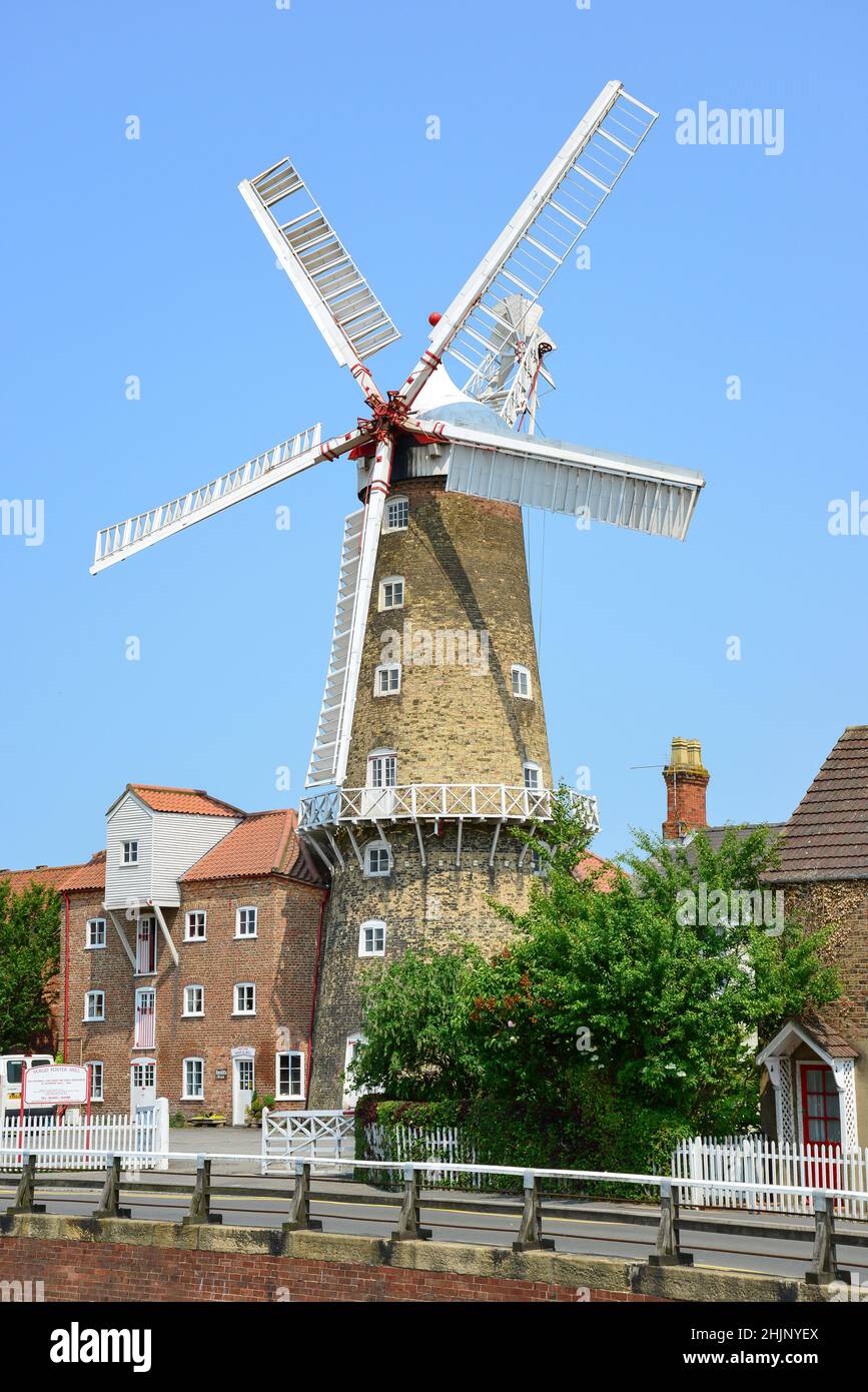 19. Jahrhundert Maud Foster Tower Windmühle von Maud Foster Drain, Skirbeck, Boston, Lincolnshire, England, Vereinigtes Königreich Stockfoto