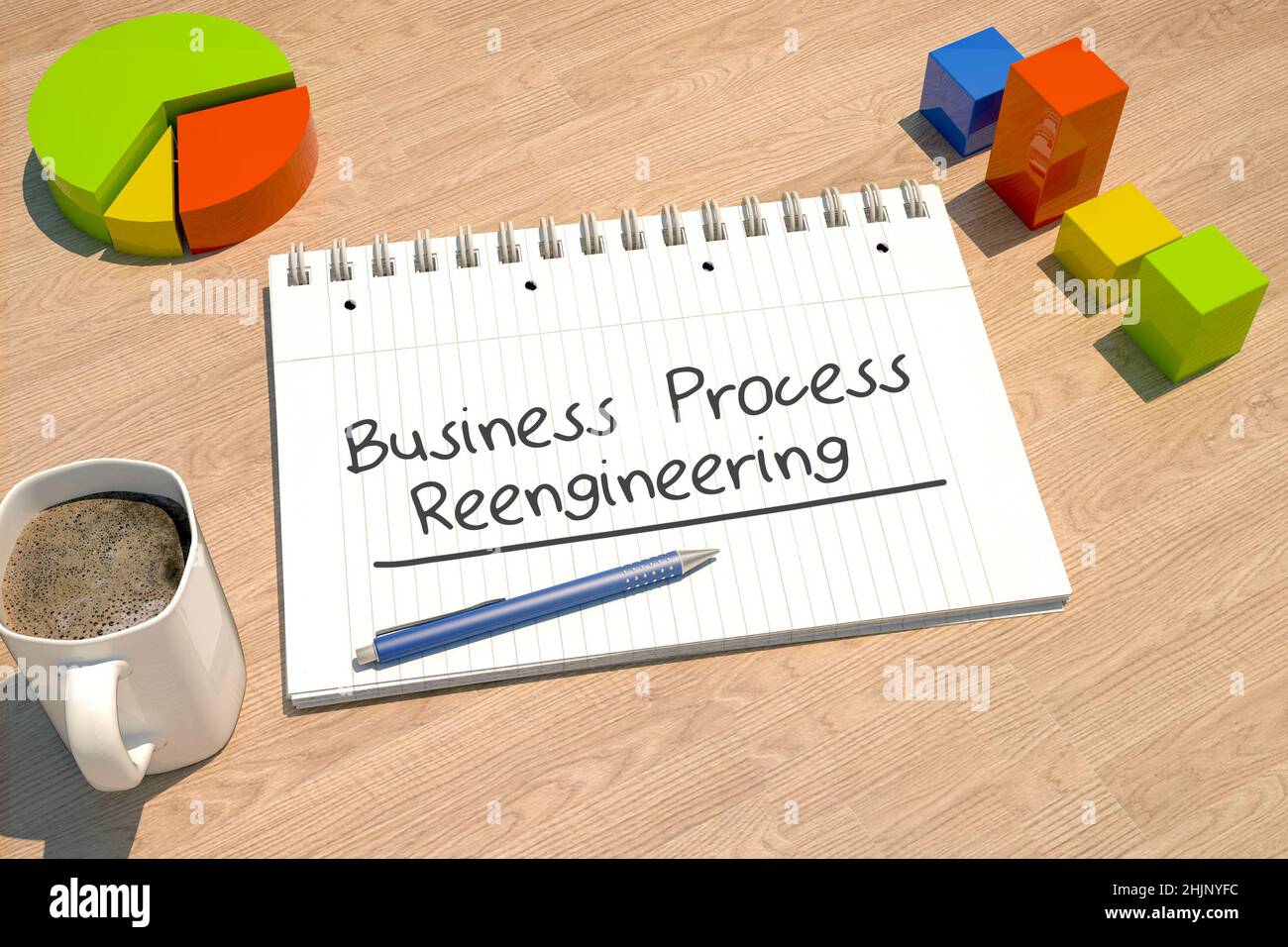 Business Process Reengineering - Textkonzept mit Notizbuch, Kaffeetasse, Balkendiagramm und Tortendiagramm auf Holzhintergrund - 3D Renderdarstellung. Stockfoto