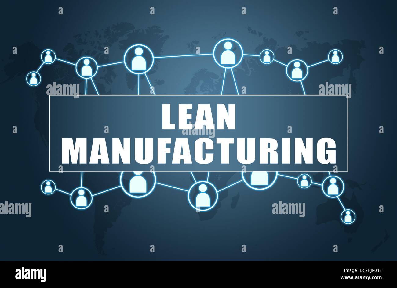 Lean Manufacturing - Textkonzept auf blauem Hintergrund mit Weltkarte und sozialen Symbolen. Stockfoto