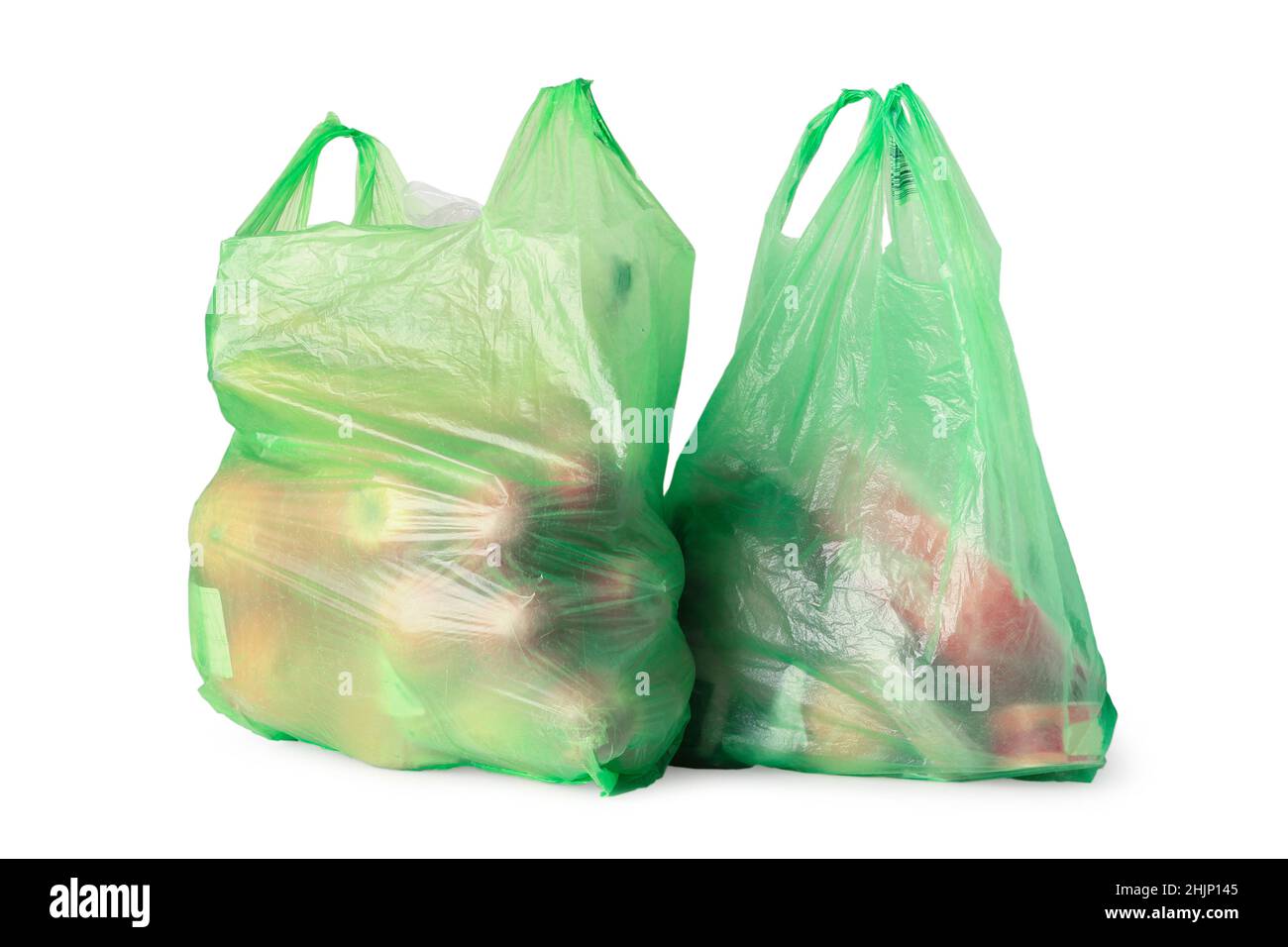 Pakete mit eingekauften Lebensmitteln aus dem Laden isoliert auf Weiß Stockfoto