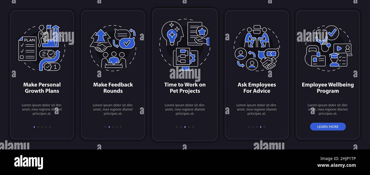 Aktivitäten zur Mitarbeiterbindung Nachtmodus Onboarding der mobilen App-Bildschirm Stock Vektor