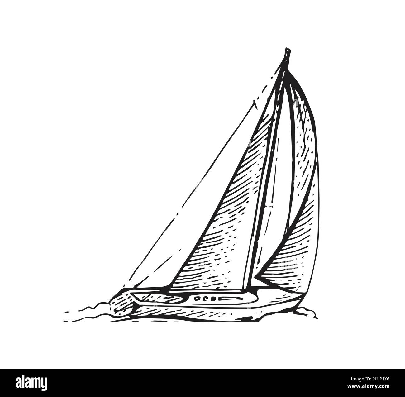 Segelyacht schwimmt auf Wellen. Kleines Schiff für Erholung und Reisen. Skizze umreißen. Handzeichnung isoliert auf weißem Hintergrund. Vektor Stock Vektor