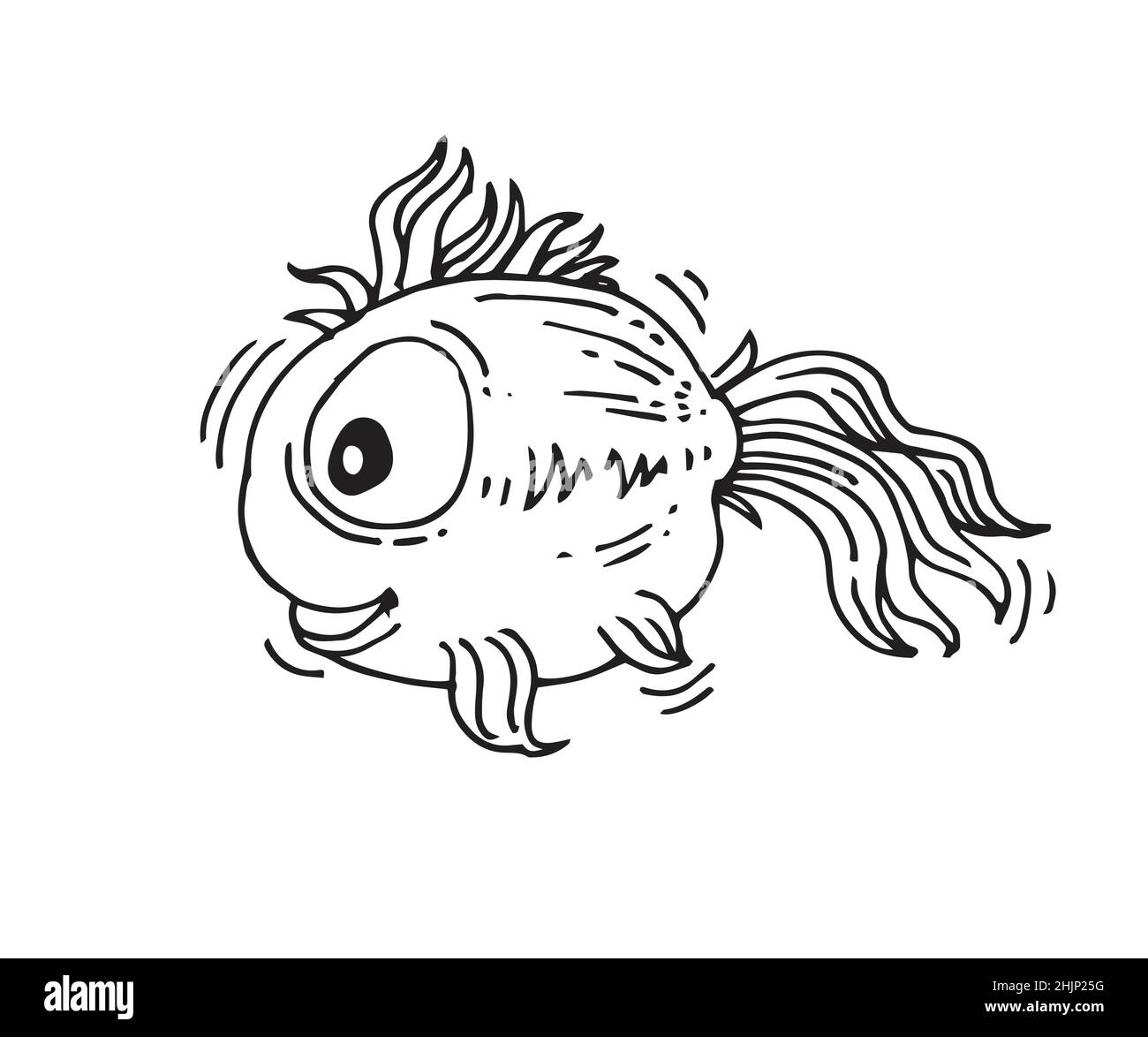 Lustige runde Fische. Cartoon Tier Charakter. Unterwasserwelt. Skizze umreißen. Die Handzeichnung ist auf einem weißen Hintergrund isoliert. Vektor Stock Vektor