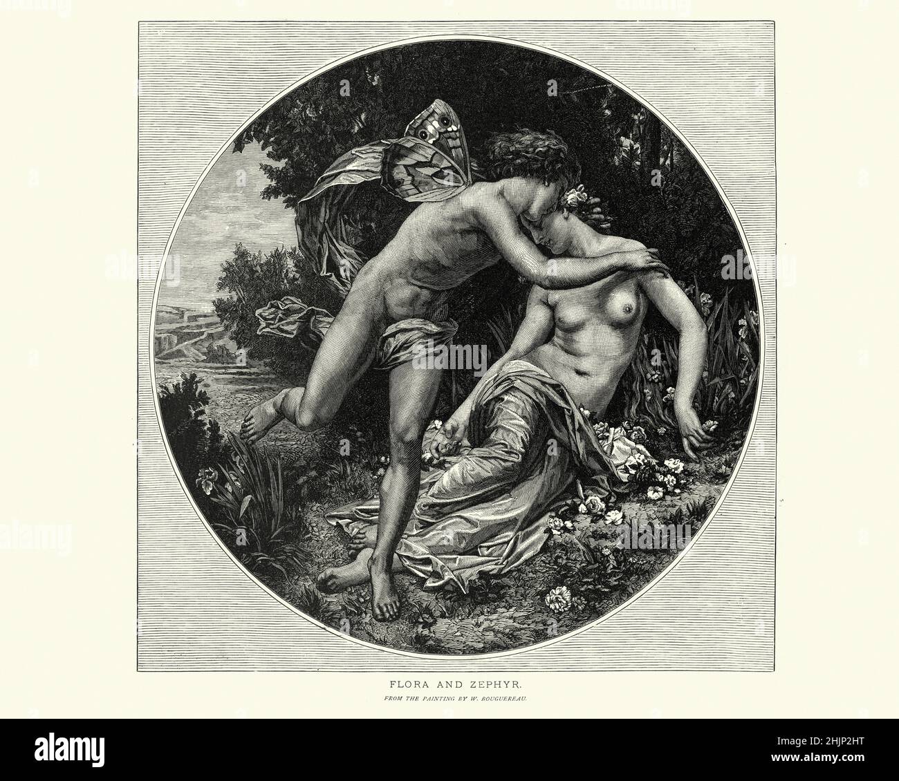 Vintage-Illustration der römischen Mythologie, Legende der Flora (Göttin der Blumen und des Frühlings) und Zaphyr (Gott des Windes) Stockfoto