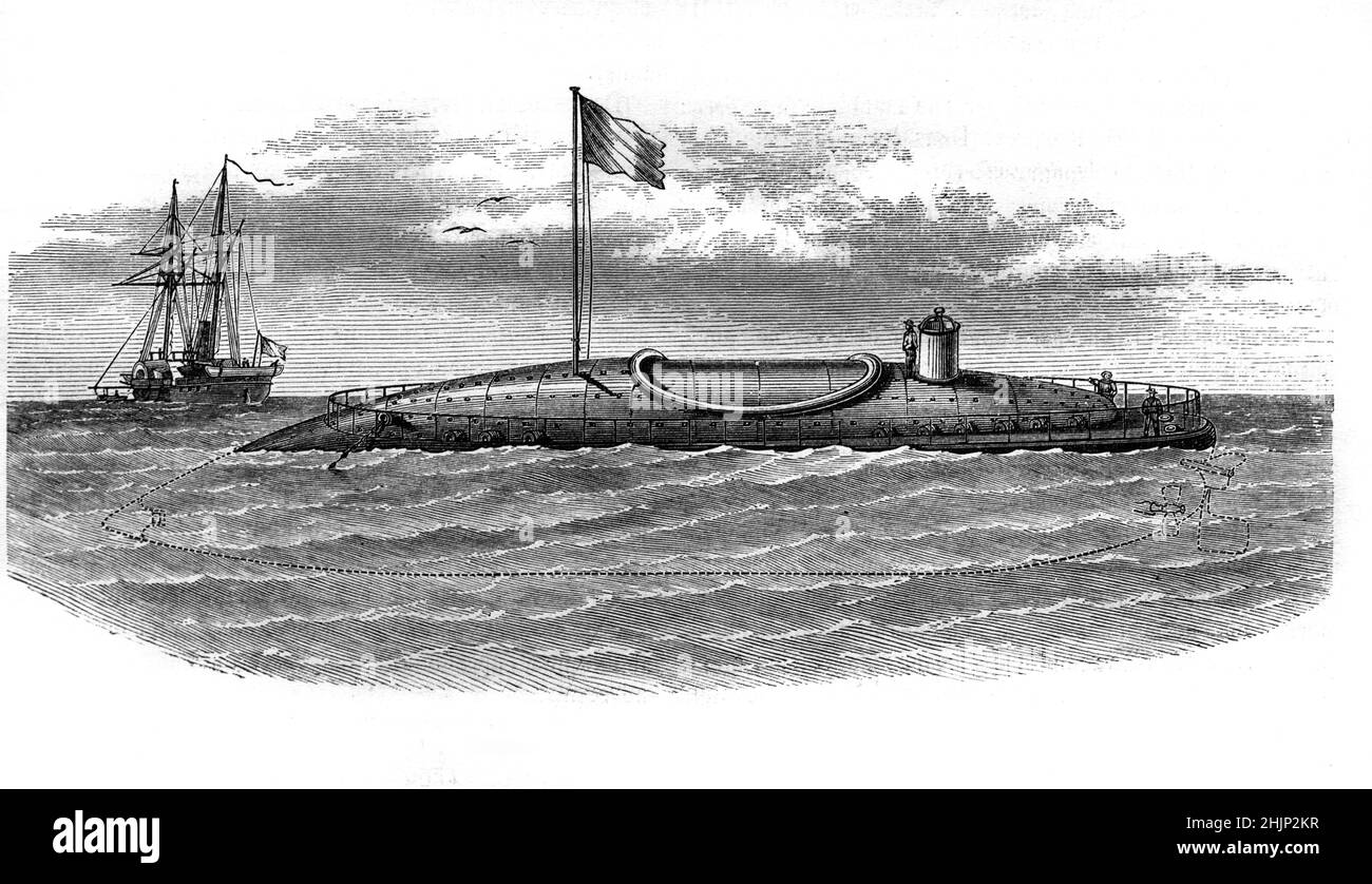 Le Plongeur (oder der Tauchboot), das in Rochefort Frankreich gebaut wurde, war das erste U-Boot, das mit einem Druckluftmotor betrieben wurde. Das U-Boot wurde 1863 von dem französischen Marinekommandanten Siméon Bourgois und dem Ingenieur Charles Brun erfunden. Vintage Illustration oder Gravur 1865. Stockfoto