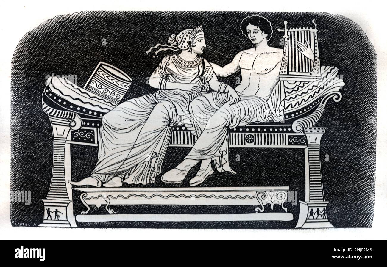 Antikes griechisches Paar, das sich auf einem Daybed oder einem antikgriechischen Bett nach Design auf einer griechischen oder griechischen Vase auflegt. 1865 Illustration oder Gravur Stockfoto