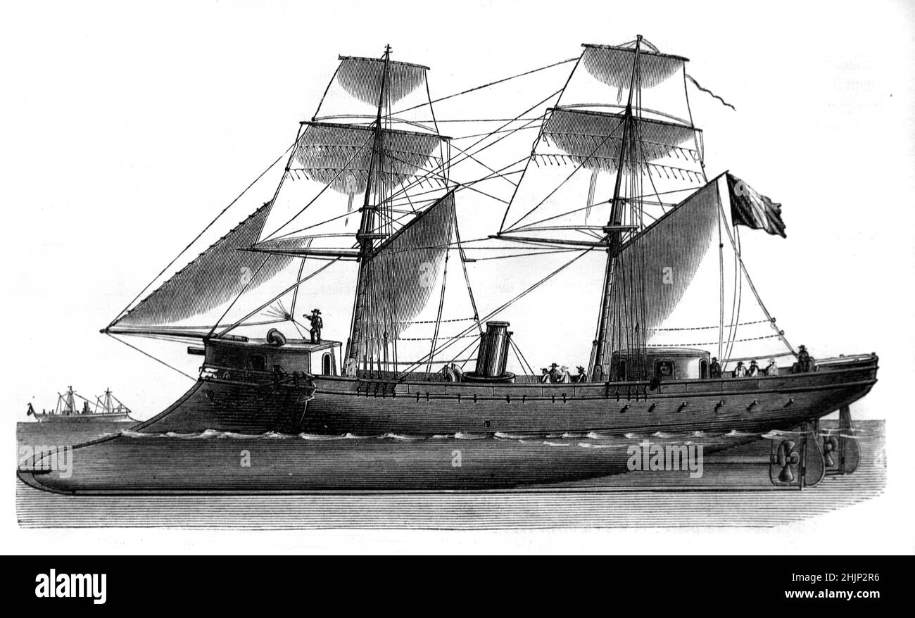 Illustration der französischen Corvette Sphinx Schlachtschiff oder Kriegsschiff im Jahr 1829 gestartet. Das Schiff war der erste Marinedampfer oder Paddle Steamer der französischen Marine. Es wurde in Rochefort nach Entwürfen von Jean-Baptiste Hubert gebaut. Vintage Illustration oder Gravur 1865. Stockfoto