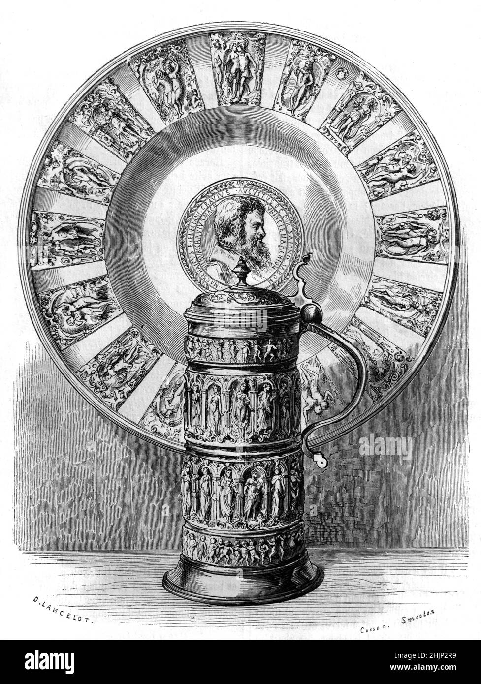 c16th Deutscher dekorativer Biertankard oder Bierbecher und runder Teller, mit einer Büste des sächsischen Kurfürsten Augustus (1526-1586), von Nürnberg Poterr Martin Harscher (1435-1521). Der aufwendige Tankard ist mit weiblichen Miniaturfiguren oder Statuen verziert. Die Gegenstände befanden sich einst in der Sammlung von Alexander-Charles Sauvageot, die er zwischen 1856 und 1858 dem Louvre schenkte. . Vintage Illustration oder Gravur 1865 Stockfoto