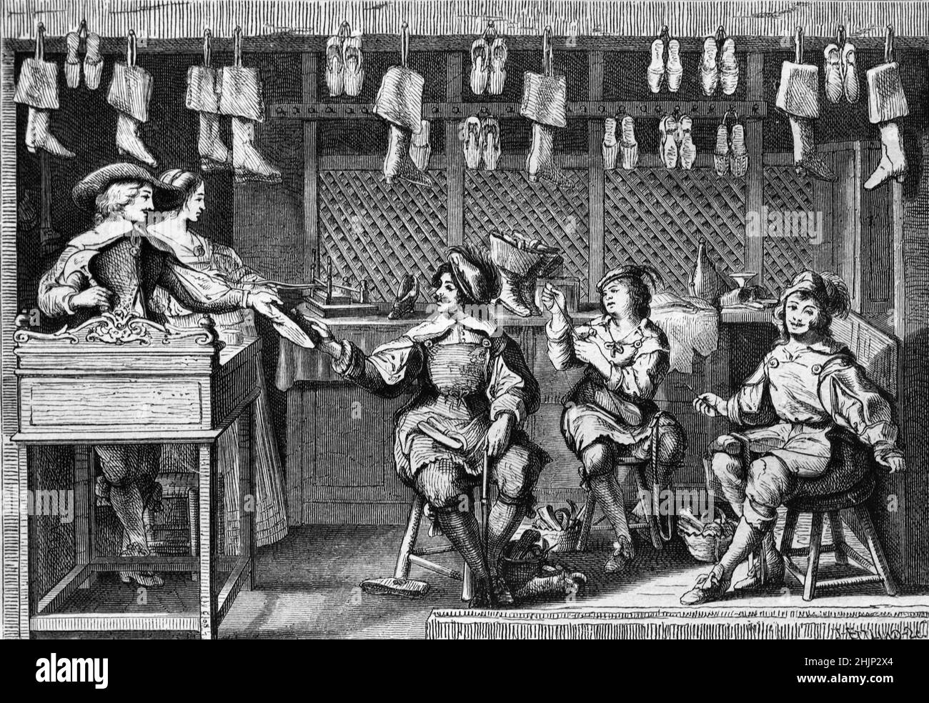 c17th Radieren oder Gravieren von Schuhmachern oder Cobbler's Shop in Frankreich vom französischen Künstler Abraham Bosse (c1604-1676) aus 'Les Métiers' (c. L 1635, S. Vintage Engraving, Etching oder Illustration Stockfoto