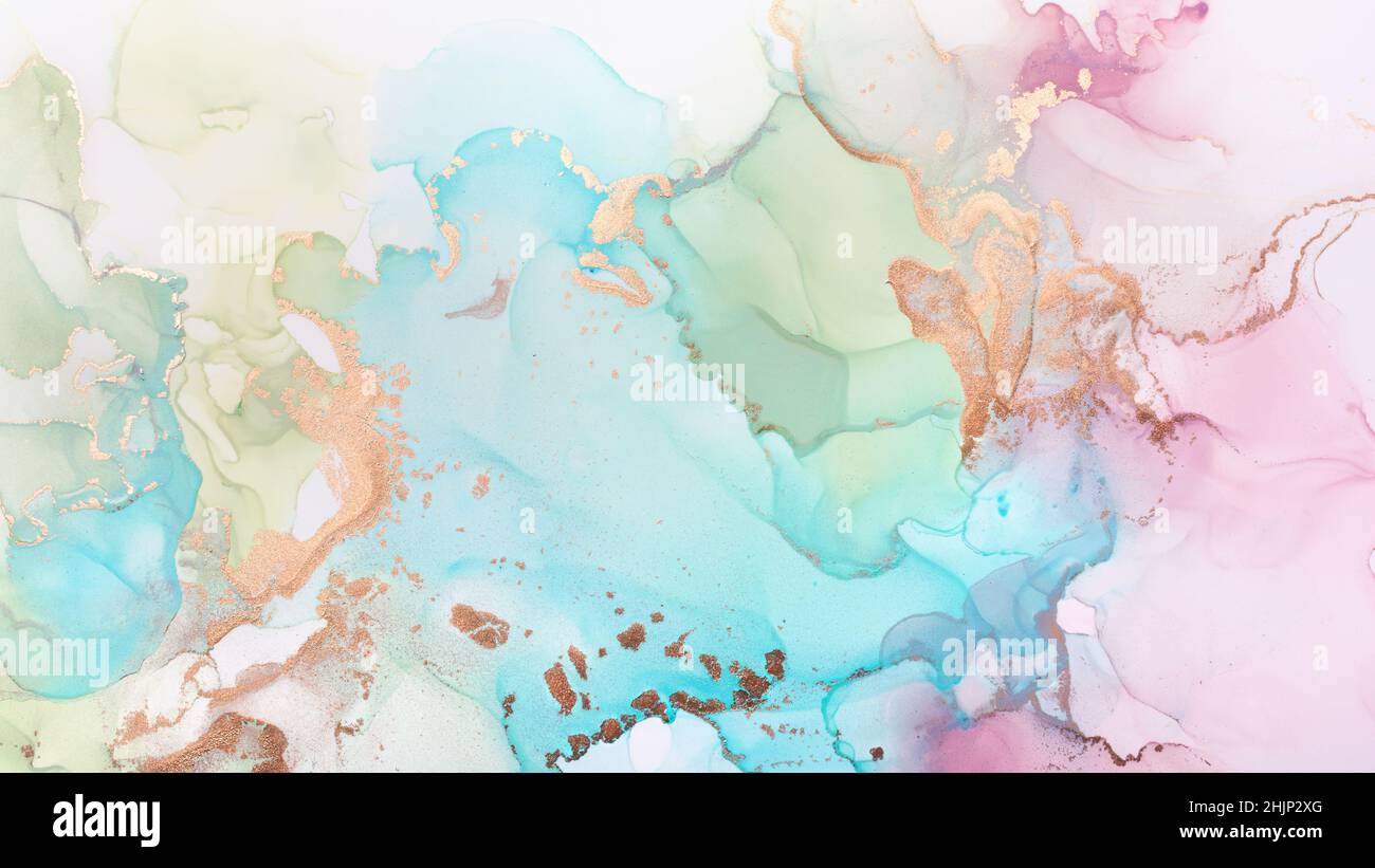 Nahaufnahme von bunten Alkoholtinten abstrakter Textur, trendige Tapete. Art for Design Projekt als Hintergrund für Einladung oder Grußkarten, Poster, Stockfoto
