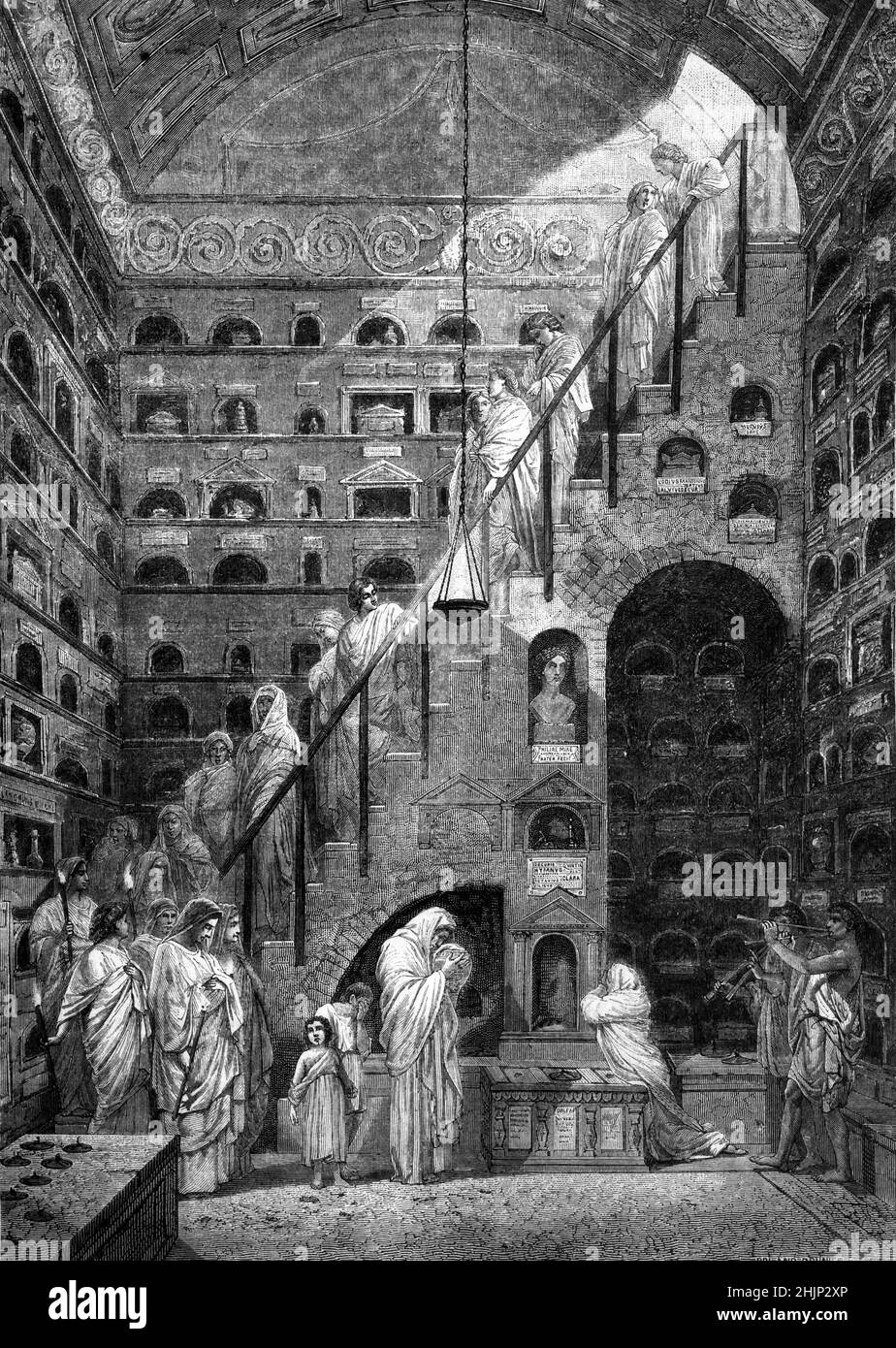 Beerdigung in einem Columbarium in Rom. Illustration oder Gravur der Malerei von Hector Leroux (1829-1900) 'Funérailles au columbarium de la maison césar à Rome, Porte Capéne, Rome'. Vintage Illustration oder Gravur. Stockfoto
