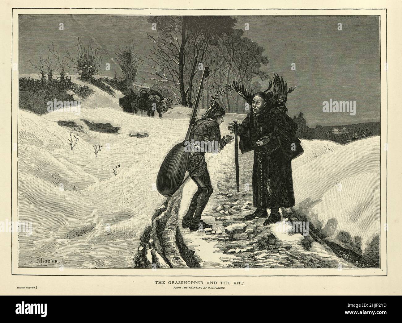 The Ant and the Grasshopper von Jehan Georges Vibert, Minstrel bettelt um Essen von einem Mönch, kalter Winter, Aesops Fabeln Stockfoto