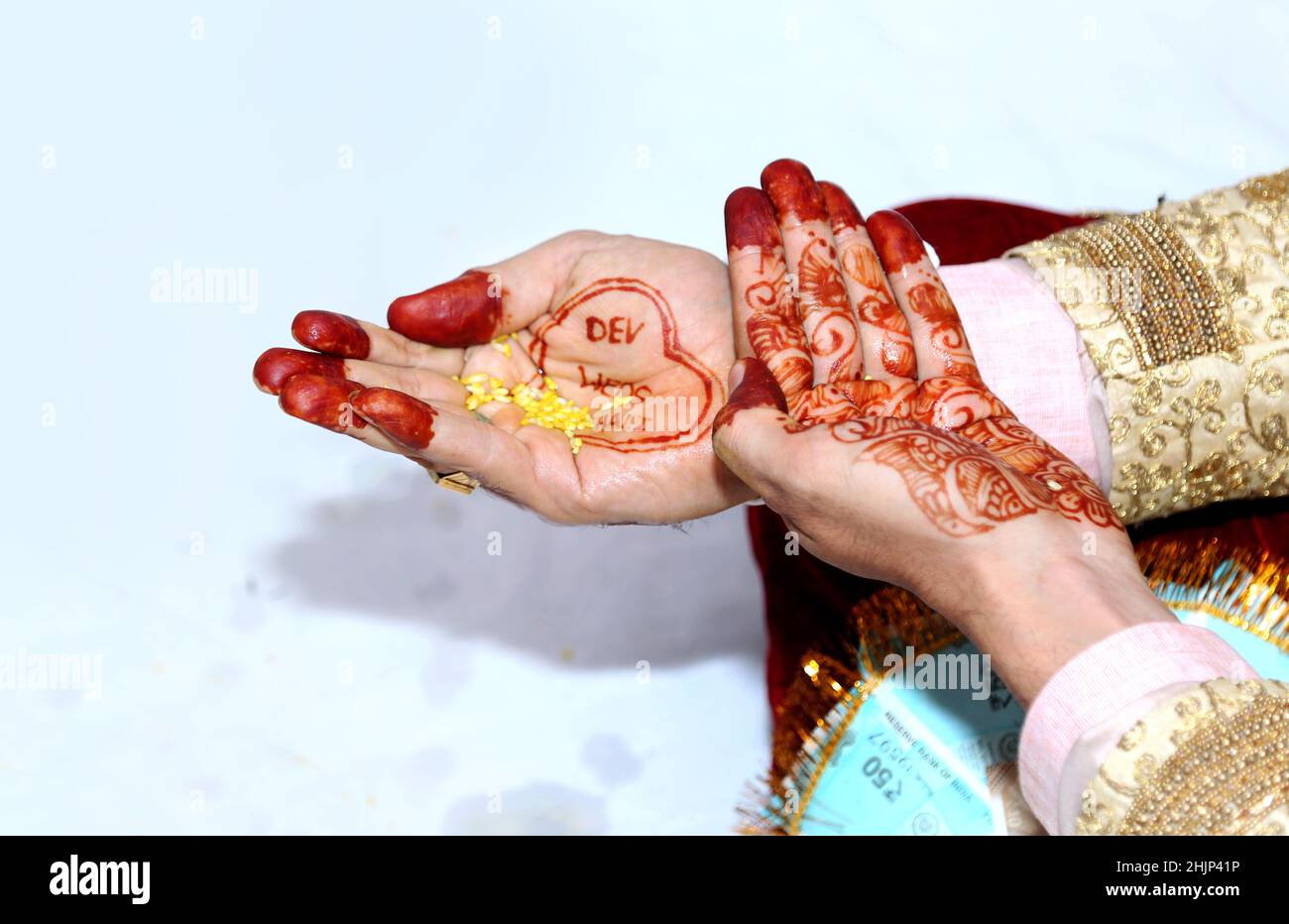 Reis Halten in der Hand des Bräutigams für ein Ritual in indien Stockfoto