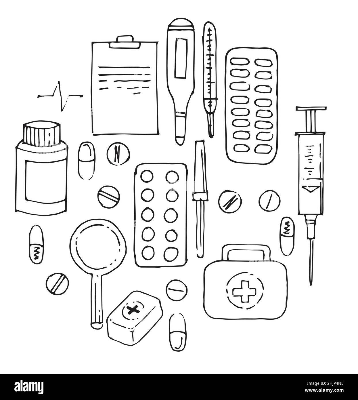 Medikation Set. Arzteinseln und medizinische Instrumente. Skizze umreißen. Die Handzeichnung ist auf einem weißen Hintergrund isoliert. Vektor Stock Vektor
