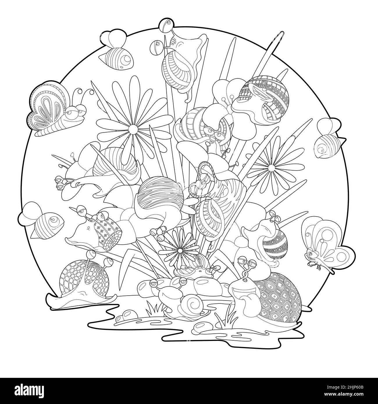 Sommer Cartoon Färbung Seite. Niedliche Schnecken, Bienen und Schmetterlinge auf Blumenbeet. Stock Vektor