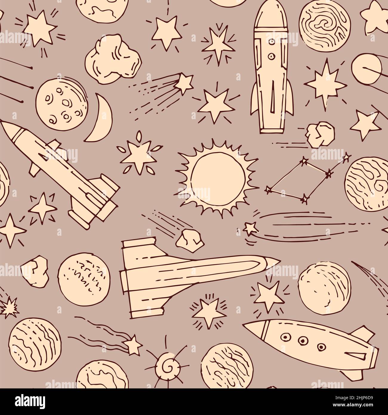 Brown Space Hintergrund. Nahtloses Muster. Planeten und Sterne. Schönes Raum Objekt mit Rocet. Einfache Doodle-Zeichnung im kindischen Stil. Gliederung Stock Vektor