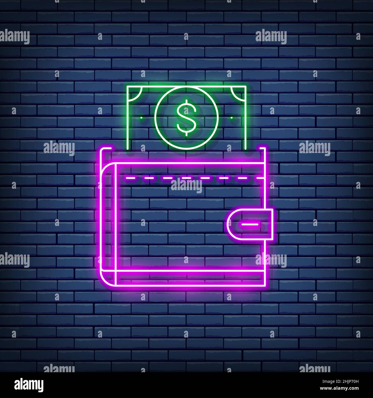 Vector Brieftasche mit Dollar, Geld sparen Neon-Zeichen. Stock Vektor
