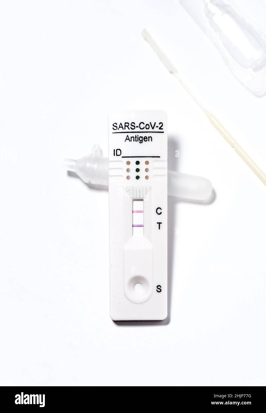 COVID-19 Schnellantigen-Test positives Ergebnis, Immunchromatographie von Antikörpern zum Nachweis von Infektionen Stockfoto