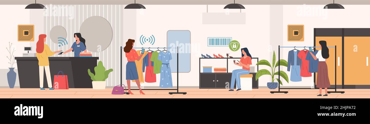 Funkfrequenzerkennung. Einkaufen mit RFID-Technologie, Frauen im Bekleidungsgeschäft bezahlen Kasse, überprüfen Etiketten nach Codes, Geschäftsautomatisierung Stock Vektor