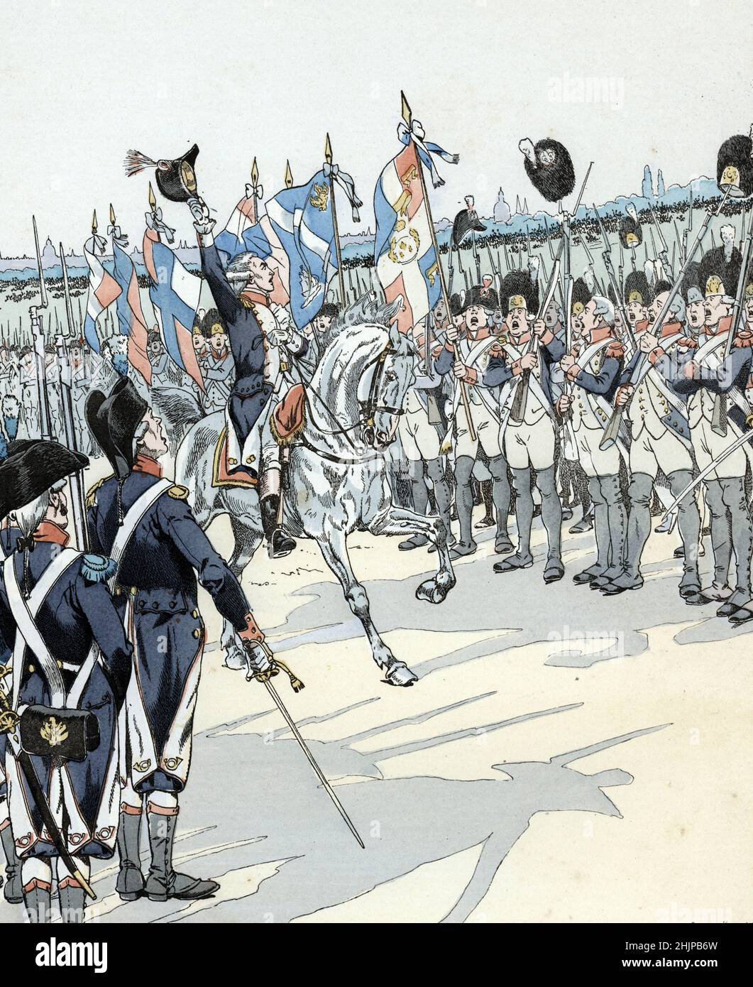 Revolution Francaise : Gilbert du Motier de La Fayette (1757-1834), Küchenchef de la Garde nationale Marquure la cocarde tricolore et declare „Cette Cocarde fera le Tour du monde“ en juillet 1789“ (Gilbert du Motier, Oberbefehlshaber der Pariser Nationalgarde, Eine bewaffnete Truppe, die unter der Kontrolle des Militärdienstes der Versammlung, der Polizei, der Verkehrskontrolle, der Sanitisierung, der Beleuchtung und anderen Angelegenheiten der lokalen Verwaltung die Ordnung aufrecht erhalten sollte - schlug er den Namen und das Symbol der Gruppe vor: Eine blaue, weiße und rote Kakade juli 1789) Illustration de Job Stockfoto